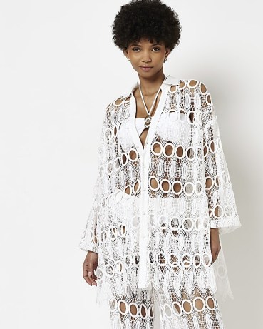RIVER ISLAND WHITE LACE OVERSIZED SHIRT ~ sheer poolside cover up clothes ~ women’s holiday coverup shirts ~ on-trend beachwear - flipped