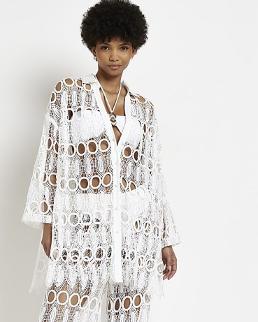 RIVER ISLAND WHITE LACE OVERSIZED SHIRT ~ sheer poolside cover up clothes ~ women’s holiday coverup shirts ~ on-trend beachwear