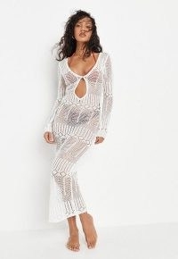 Missguided white pointelle crochet knit midaxi dress | semi sheer knitted beach dresses | cut out detail poolside cover up | on-trend beachwear fashion