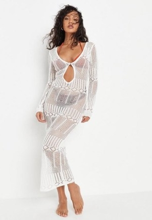 Missguided white pointelle crochet knit midaxi dress | semi sheer knitted beach dresses | cut out detail poolside cover up | on-trend beachwear fashion