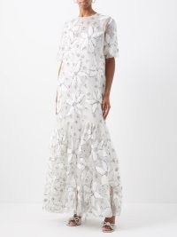 ASHISH Water Lily sequinned-organza dress ~ white floral maxi length event dresses ~ sequin covered occasion clothes ~ tiered hem