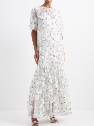 ASHISH Water Lily sequinned-organza dress ~ white floral maxi length event dresses ~ sequin covered occasion clothes ~ tiered hem - flipped