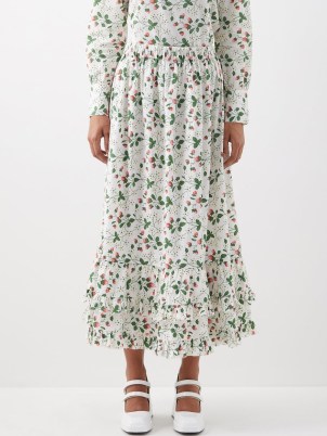 BATSHEVA X Laura Ashley Pembroke strawberry-print skirt ~ white layered ruffle hem summer skirts ~ women’s feminine summer clothes ~ fruit prints