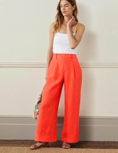 Boden Wide Leg Linen Trousers Hot Coral / women’s vibrant orange summer pants - flipped
