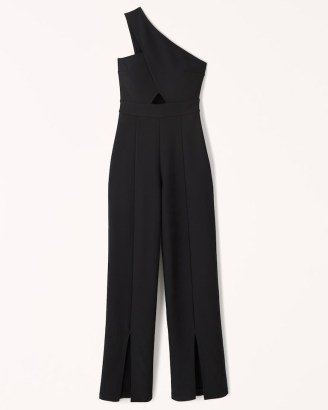 Abercrombie & Fitch Asymmetrical One-Shoulder Jumpsuit – black front cut out jumpsuits – split hem detail – asymmetric evening fashion – glamorous all-in-one party clothes – Best Dressed Guest Collection - flipped