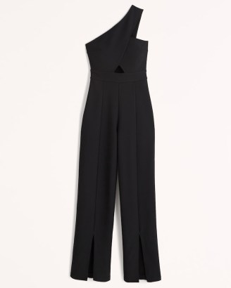 Abercrombie & Fitch Asymmetrical One-Shoulder Jumpsuit – black front cut out jumpsuits – split hem detail – asymmetric evening fashion – glamorous all-in-one party clothes – Best Dressed Guest Collection