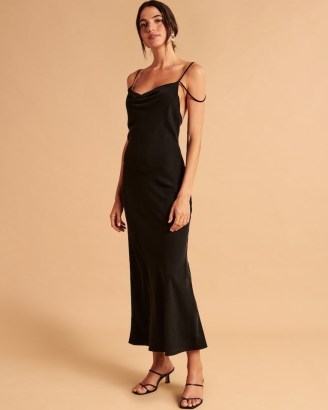 Abercrombie & Fitch Cowl Neck Slip Maxi Dress in Black ~ satin cami strap evening dresses - flipped