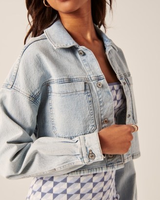 Abercrombie & Fitch Cropped Denim Shirt Jacket in Blue | women’s crop hem shirts | womens cropped shackets | on-trend jackets - flipped