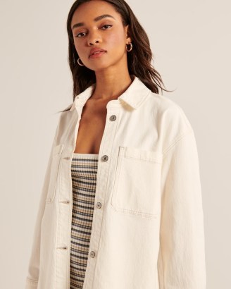 Abercrombie & Fitch Denim Shirt Jacket in Cream | curved hem overshirts | on-trend summer shackets | women’s casual fashion