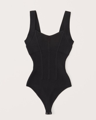 Abercrombie & Fitch Elevated Mixed Rib Knit V-Neck Bodysuit | black sleeveless slim fit corset style bodysuits - flipped