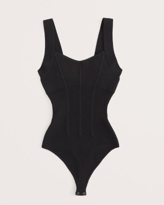 Abercrombie & Fitch Elevated Mixed Rib Knit V-Neck Bodysuit | black sleeveless slim fit corset style bodysuits