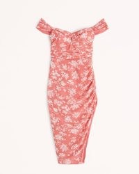 Abercrombie & Fitch Off-The-Shoulder Ruched Midi Dress Coral Pattern – floral print bardot dresses – thigh high split hem – glamorous gathered detail party fashion – feminine date night clothes