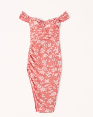 Abercrombie & Fitch Off-The-Shoulder Ruched Midi Dress Coral Pattern – floral print bardot dresses – thigh high split hem – glamorous gathered detail party fashion – feminine date night clothes - flipped