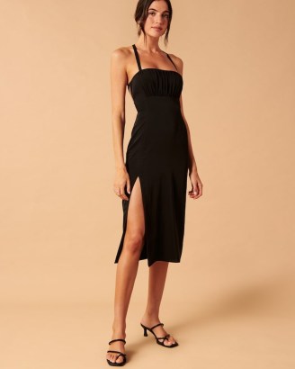 Abercrombie & Fitch Ruched Midi Dress | black thigh high split hem evening dresses | chic LBD | slit hemline going out fashion - flipped