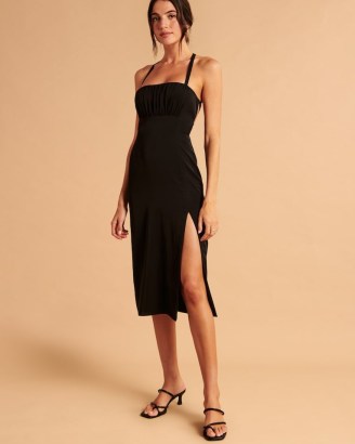 Abercrombie & Fitch Ruched Midi Dress | black thigh high split hem evening dresses | chic LBD | slit hemline going out fashion