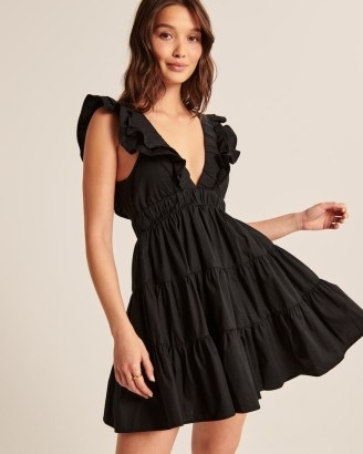Abercrombie & Fitch Ruffle Tiered Mini Dress in Black | ruffled plunge front dresses | deep V-neck summer fashion | plunging neckline clothes - flipped