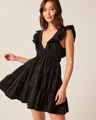 Abercrombie & Fitch Ruffle Tiered Mini Dress in Black | ruffled plunge front dresses | deep V-neck summer fashion | plunging neckline clothes
