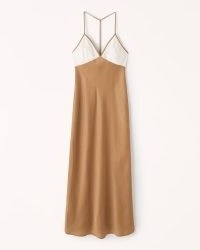 Abercrombie & Fitch Satin Midi Dress in Brown | plunge front spaghetti strap slip dresses | slinky fashion with cami straps