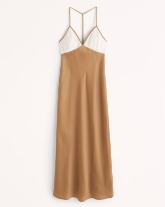 Abercrombie & Fitch Satin Midi Dress in Brown | plunge front spaghetti strap slip dresses | slinky fashion with cami straps - flipped
