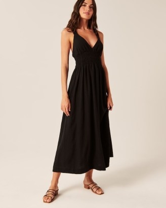 Abercrombie & Fitch Scrunchie Strap Maxi Dress in Black | sleevelss plunge front dresses | gathered ruched straps
