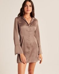 Abercrombie & Fitch Split-Cuff Satin Shirt Dress in Brown
