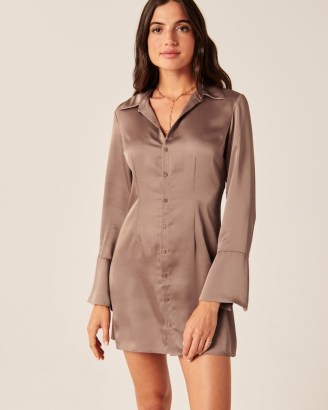 Abercrombie & Fitch Split-Cuff Satin Shirt Dress in Brown - flipped
