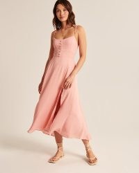 Abercrombie & Fitch Tie-Strap Corset Midi Dress in Pink ~ strappy fitted bodice split hem dresses