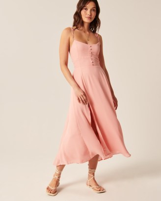 Abercrombie & Fitch Tie-Strap Corset Midi Dress in Pink ~ strappy fitted bodice split hem dresses - flipped