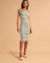 Abercrombie & Fitch Tie-Strap Smocked Midi Dress Green Print ~ sleeveless fitted ruffle hem dresses ~ shoulder tie straps