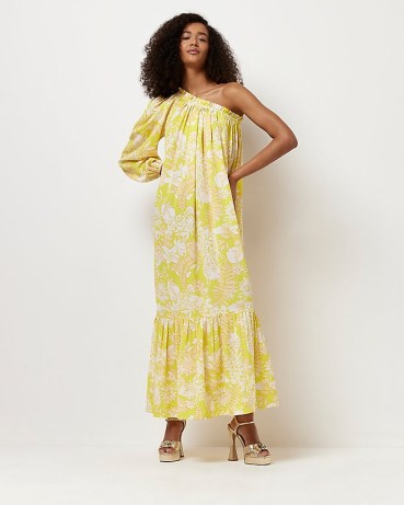River Island YELLOW FLORAL ONE SHOULDER MAXI DRESS | retro print fashion | 70s vintage inspired clothes | 1970s look clothing | tiered hem | asymmetric summer dresses - flipped