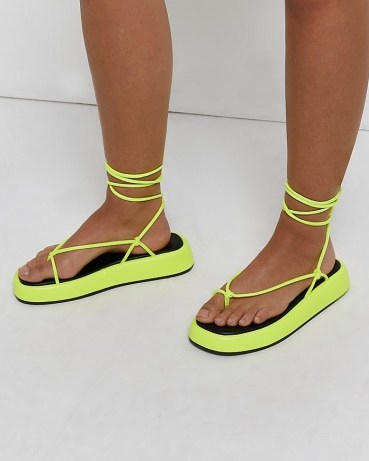 River Island YELLOW STRAPPY FLATFORM SANDALS | ankle tie summer flatforms - flipped