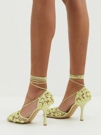 BOTTEGA VENETA Stretch shell-embellished wraparound leather pumps / yellow ankle wrap high heels covered in cowrie shells / sea inspired fashion / ocean themed footwear / women’s square toe event shoes at MATCHESFASHION