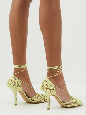 BOTTEGA VENETA Stretch shell-embellished wraparound leather pumps / yellow ankle wrap high heels covered in cowrie shells / sea inspired fashion / ocean themed footwear / women’s square toe event shoes at MATCHESFASHION - flipped