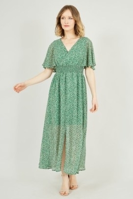 YUMI Green Ditsy Print Ruched Maxi Dress / short sleeved semi sheer floral dresses - flipped