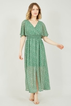 YUMI Green Ditsy Print Ruched Maxi Dress / short sleeved semi sheer floral dresses