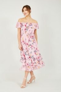 YUMI Pink Blossom Butterfly Bardot Dress / floral off the shoulder summer occasion dresses / feminine wedding guest clothes / layered frill hem