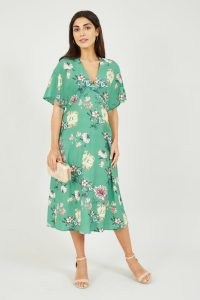 YUMI Sage Green Oriental Blossom Print Kimono Dress / flared short sleeved floral dresses