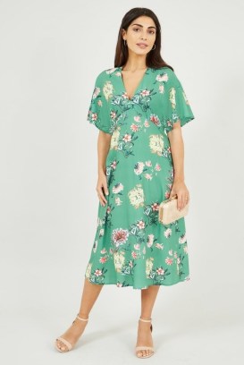 YUMI Sage Green Oriental Blossom Print Kimono Dress / flared short sleeved floral dresses - flipped