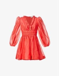 ZIMMERMANN Prima silk-linen blend mini dress in Tomato – red ruffled semi sheer balloon sleeved dresses – feminine flared hem