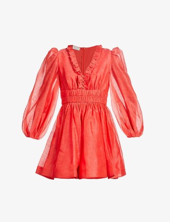 ZIMMERMANN Prima silk-linen blend mini dress in Tomato – red ruffled semi sheer balloon sleeved dresses – feminine flared hem - flipped