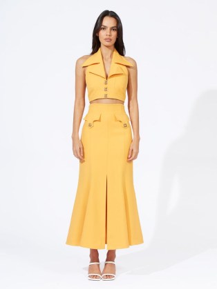 alice McCALL AIR FRANCE MIDI SKIRT in Dandelion | yellow split front flared hem skirts | pocket and button detail - flipped