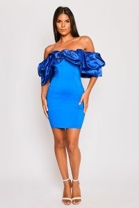 Miss G Couture – Alexandria – Royal Blue Satin Bardot Frill Mini Dress – figure-hugging fit