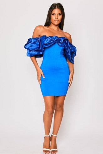 Miss G Couture – Alexandria – Royal Blue Satin Bardot Frill Mini Dress – figure-hugging fit - flipped