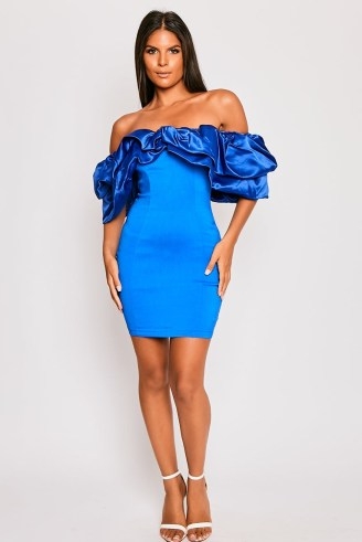 Miss G Couture – Alexandria – Royal Blue Satin Bardot Frill Mini Dress – figure-hugging fit