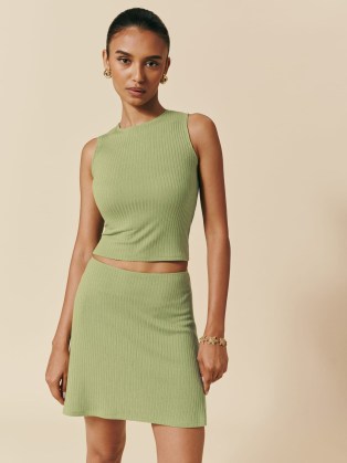 Reformation Andres Knit Two Piece in Crocodile | chic green sleeveless top and mini skirt co-ord | on-trend tops and skirts fashion sets | trendy co-ords - flipped