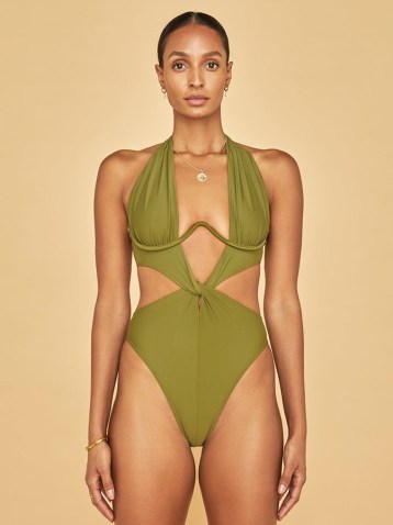 ANDREA IYAMAH Nayo One Piece Swimsuit – green high leg front twist halterneck swimsuits – glamorous plunging halter neck onepiece – cut out detail – poolside glamour ~ CARBON38 swimwear - flipped