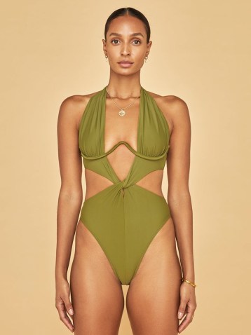 ANDREA IYAMAH Nayo One Piece Swimsuit – green high leg front twist halterneck swimsuits – glamorous plunging halter neck onepiece – cut out detail – poolside glamour ~ CARBON38 swimwear