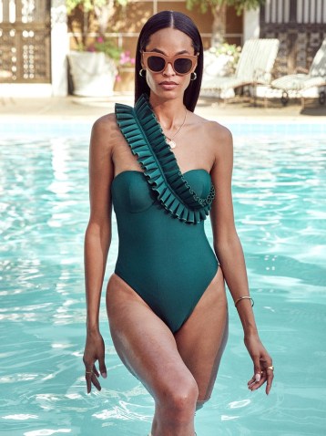ANDREA IYAMAH Nisi One Piece Swimsuit in Mangrove ~ women’s green one ruffled shoulder swimsuits ~ glamorous swimwear ~ poolside glamour with ruffles ~ CARBON38 - flipped