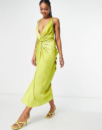 ASOS DESIGN satin midi dress with knot front and drape skirt in green ~ plunge front evening dresses - flipped