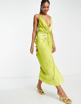 ASOS DESIGN satin midi dress with knot front and drape skirt in green ~ plunge front evening dresses